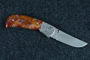 "Bellatrix" custom folding knife, reverse side view  in T3 deep cryogenically treated ATS-34 high molybdenum martensitic stainless steel blade, hand-engraved 304 stainless steel bolsters, differerentially anodized 6AL4V titanium liners, Roostertail Agate gemstone handle, 304 stainless steel fasteners with garnet faceted gemstones