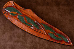 "Conodont" custom knife, sheath back view. Sheath has full inlays, even in back and belt loop