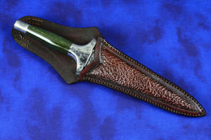 "Daqar" Custom handmade dagger, sheathedl view ,  in T4 deep cryogenically treated CPM 154CM Powder metal technology martensitic stainless steel blade, hand-engraved, 304 austenitic stainless steel fittings, hand-engraved, nephrite jade gemstone handle, hand-carved leather sheath inlaid with American Bison skin