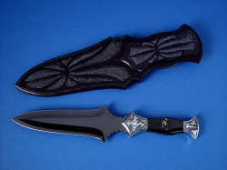 "Vesta" black rune dagger reverse side view. Sheath back is covered in stingray skin inlays